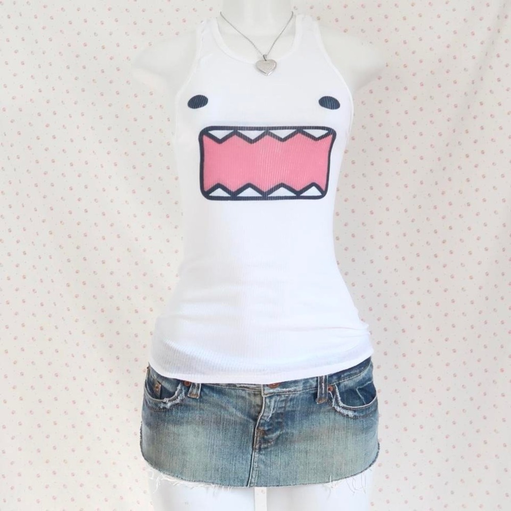 Y2K Ribbed Tank Top White Graphic Cami Japanese Streetwear